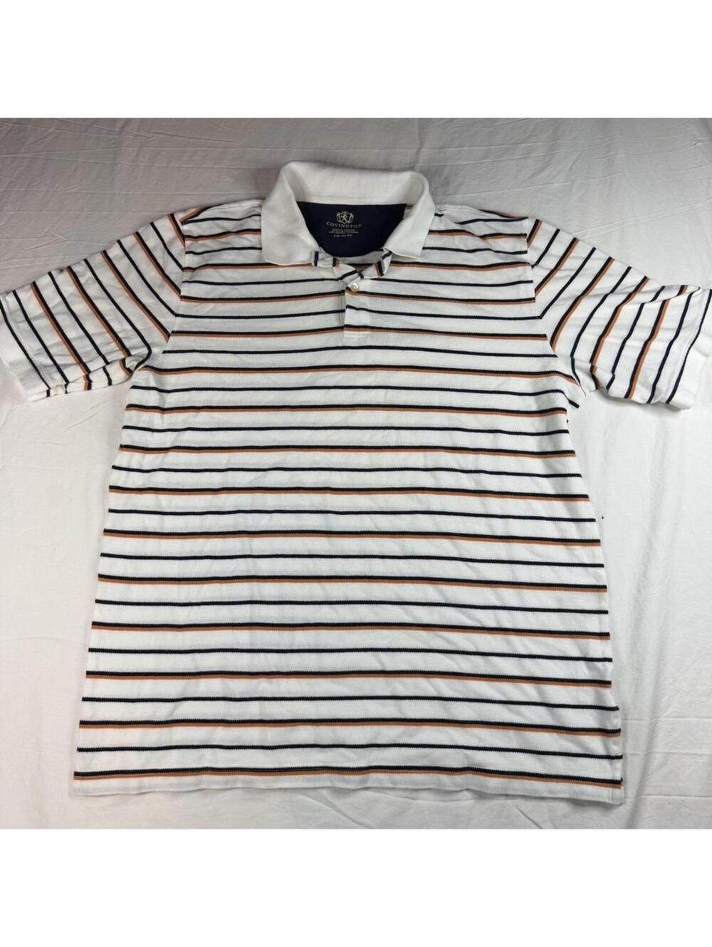 Covington Men's Large Polo Shirt Striped White Orange Black 100% Cotton Pique L